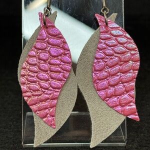 Pink and Gray Faux Leather Earrings